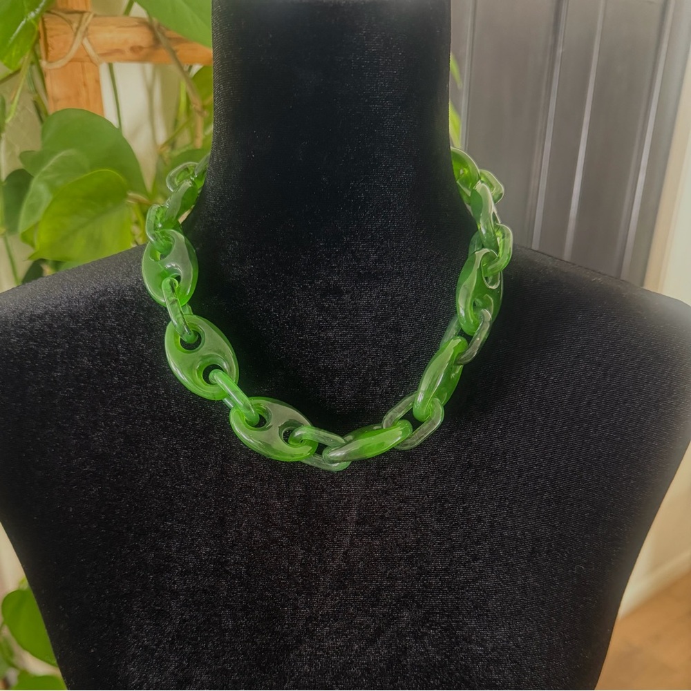 Piper K Emerald Green Chunky Link Statement Necklace Resin Chain Jade 18”+3” NWT